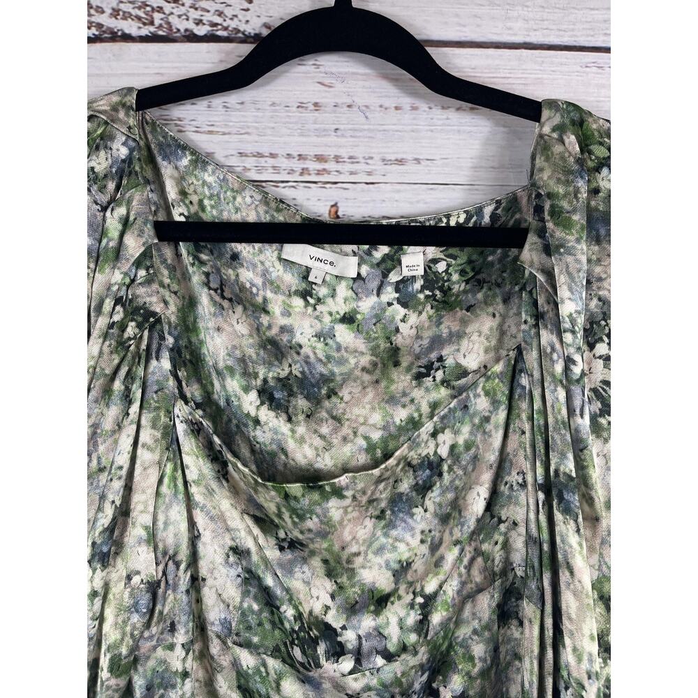 Vince Blouse Women's SZ 6 Green Floral Print Long Sleeve Draped Front Top Shirt - Picture 5 of 9